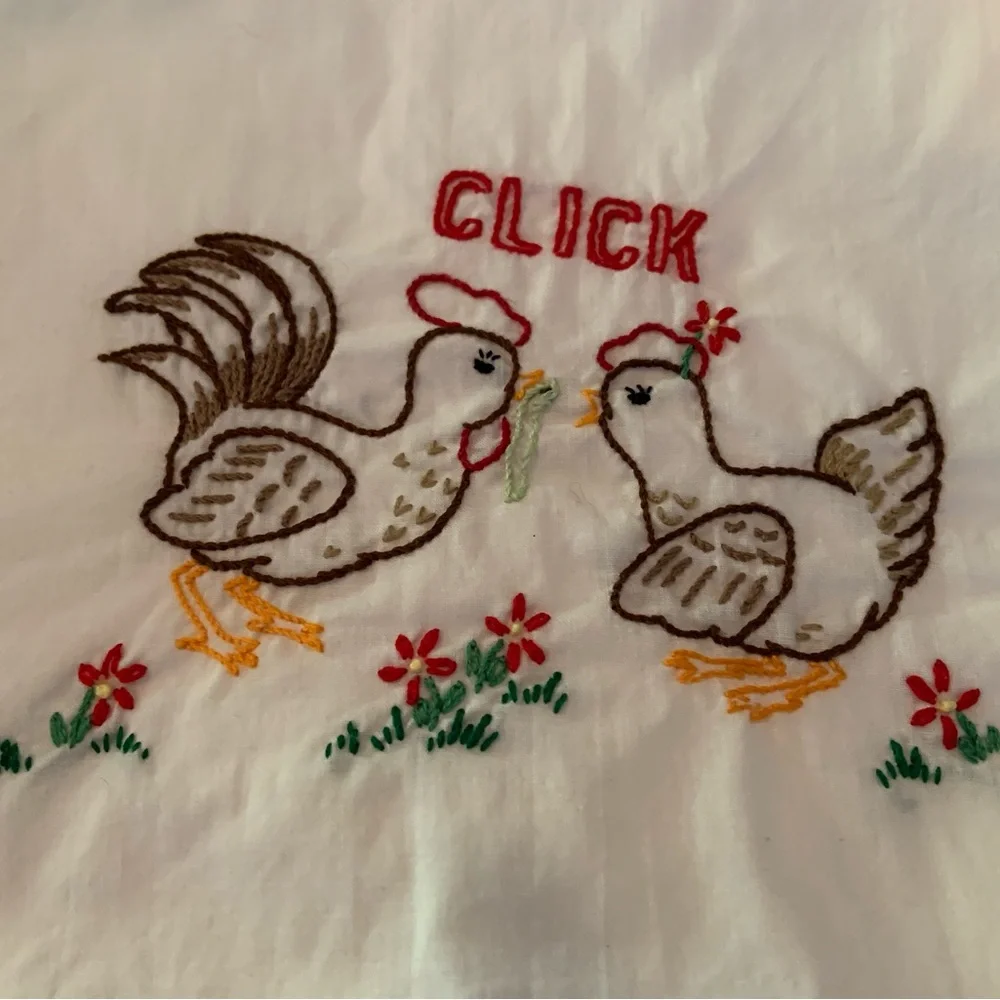 Vintage Hand Embroidered Chicken Design Flour Sack Kitchen Towels Set Of 5
